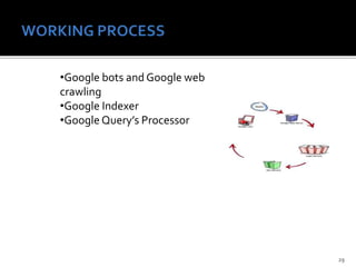 29
•Google bots and Google web
crawling
•Google Indexer
•Google Query’s Processor
 