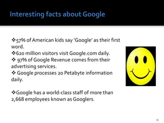 35
57% of American kids say ‘Google’ as their first
word.
620 million visitors visit Google.com daily.
 97% of Google Revenue comes from their
advertising services.
 Google processes 20 Petabyte information
daily.
Google has a world-class staff of more than
2,668 employees known as Googlers.
 