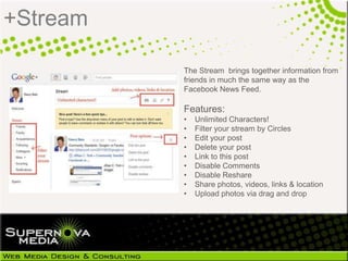 +Stream

          The Stream brings together information from
          friends in much the same way as the
          Facebook News Feed.

          Features:
          •   Unlimited Characters!
          •   Filter your stream by Circles
          •   Edit your post
          •   Delete your post
          •   Link to this post
          •   Disable Comments
          •   Disable Reshare
          •   Share photos, videos, links & location
          •   Upload photos via drag and drop
 