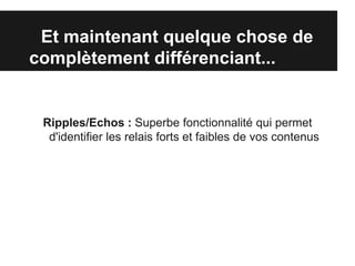 Et maintenant quelque chose de
complètement différenciant...


 Ripples/Echos : Superbe fonctionnalité qui permet
  d'identifier les relais forts et faibles de vos contenus
 