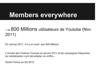 Members everywhere

+ de   800 Millions utilisateurs de Youtube (Nov
2011)

En Janvier 2011, Il n’y en avait que 500 Millions


L’arrivée des Chaines Youtube en janvier 2011 et les campagnes fréquentes
de médiatisation vont démultiplier ce chiffre...

Sortie France en Q4 2012
 