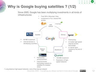 6



     Why is Google buying satellites ? (1/2)
                    Since 2005, Google has been multiplying investments ...