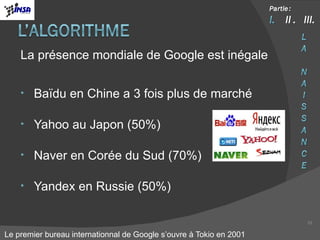 La présence mondiale de Google est inégale Baïdu en Chine a 3 fois plus de marché Yahoo au Japon (50%) Naver en Corée du Sud (70%) Yandex en Russie (50%) Le premier bureau internationnal de Google s’ouvre à Tokio en 2001 