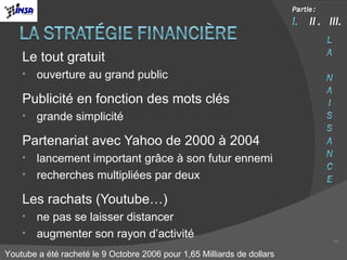 Le tout gratuit  ouverture au grand public Publicité en fonction des mots clés grande simplicité Partenariat avec Yahoo de 2000 à 2004 lancement important grâce à son futur ennemi recherches multipliées par deux  Les rachats (Youtube…) ne pas se laisser distancer augmenter son rayon d’activité Youtube a été racheté le 9 Octobre 2006 pour 1,65 Milliards de dollars 