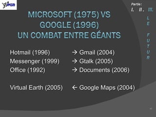 Hotmail (1996)    Gmail (2004) Messenger (1999)    Gtalk (2005) Office (1992)    Documents (2006) Virtual Earth (2005)    Google Maps (2004) 