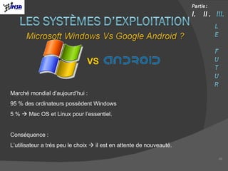 Marché mondial d’aujourd’hui : 95 % des ordinateurs possèdent Windows 5 %    Mac OS et Linux pour l’essentiel. Conséquence :  L’utilisateur a très peu le choix    il est en attente de nouveauté. VS 