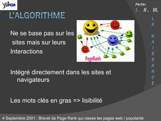 Ne se base pas sur les sites mais sur leurs  Interactions Intégré directement dans les sites et navigateurs Les mots clés en gras => lisibilité 4 Septembre 2001 : Brevet de Page Rank qui classe les pages web / popularité  