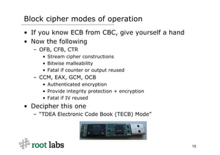Block cipher modes of operation
• If you know ECB from CBC, give yourself a hand
• Now the following
  – OFB, CFB, CTR
   ...