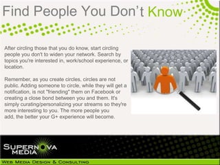 Find People You Don’ t Know

After circling those that you do know, start circling
people you don't to widen your network. Search by
topics you're interested in, work/school experience, or
location.

Remember, as you create circles, circles are not
public. Adding someone to circle, while they will get a
notification, is not "friending" them on Facebook or
creating a close bond between you and them. It's
simply curating/personalizing your streams so they're
more interesting to you. The more people you add,
the better your G+ experience will become.
 