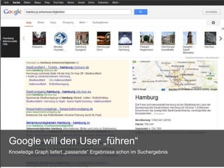 Google will den User „führen“
Knowledge Graph liefert „passende“ Ergebnisse schon im Suchergebnis
 