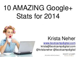 10 AMAZING Google+
Stats for 2014
Krista Neher
www.bootcampdigital.com
krista@bootcampdigital.com
@kristaneher @bootcampdigital
Copyright Boot Camp Digital 2013 - All Rights Reserved

@KristaNeher @BootCampDigital

 