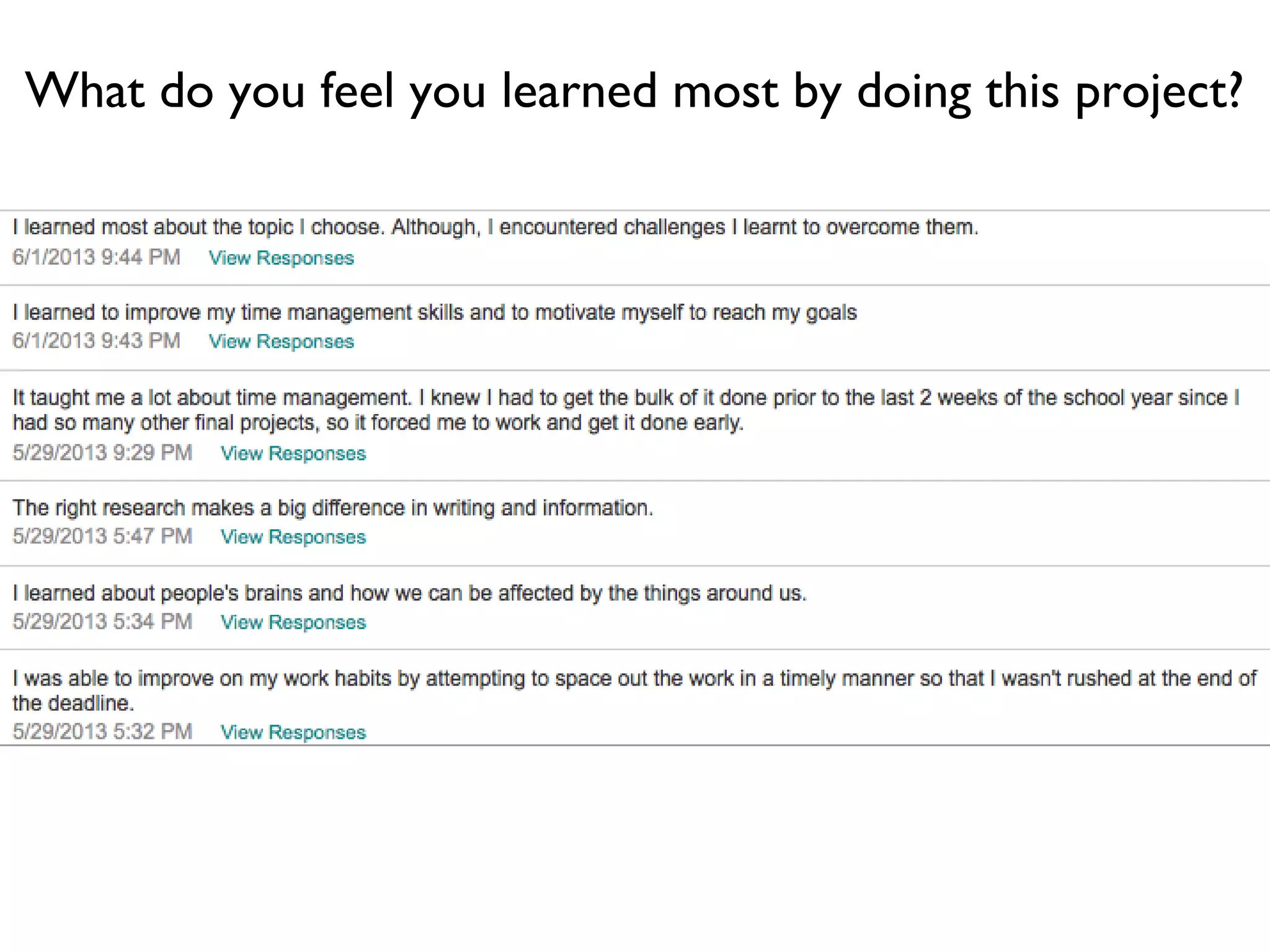 What do you feel you learned most by doing this project?
 