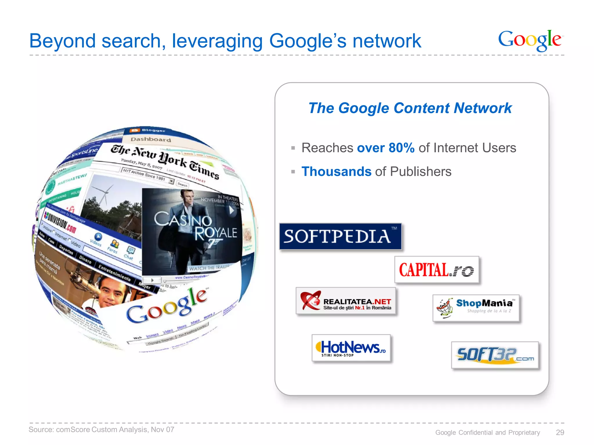 Beyond search, leveraging Google’s network


                                             The Google Content Network

                                            Reaches over 80% of Internet Users

                                            Thousands of Publishers




Source: comScore Custom Analysis, Nov 07                          Google Confidential and Proprietary   29
 