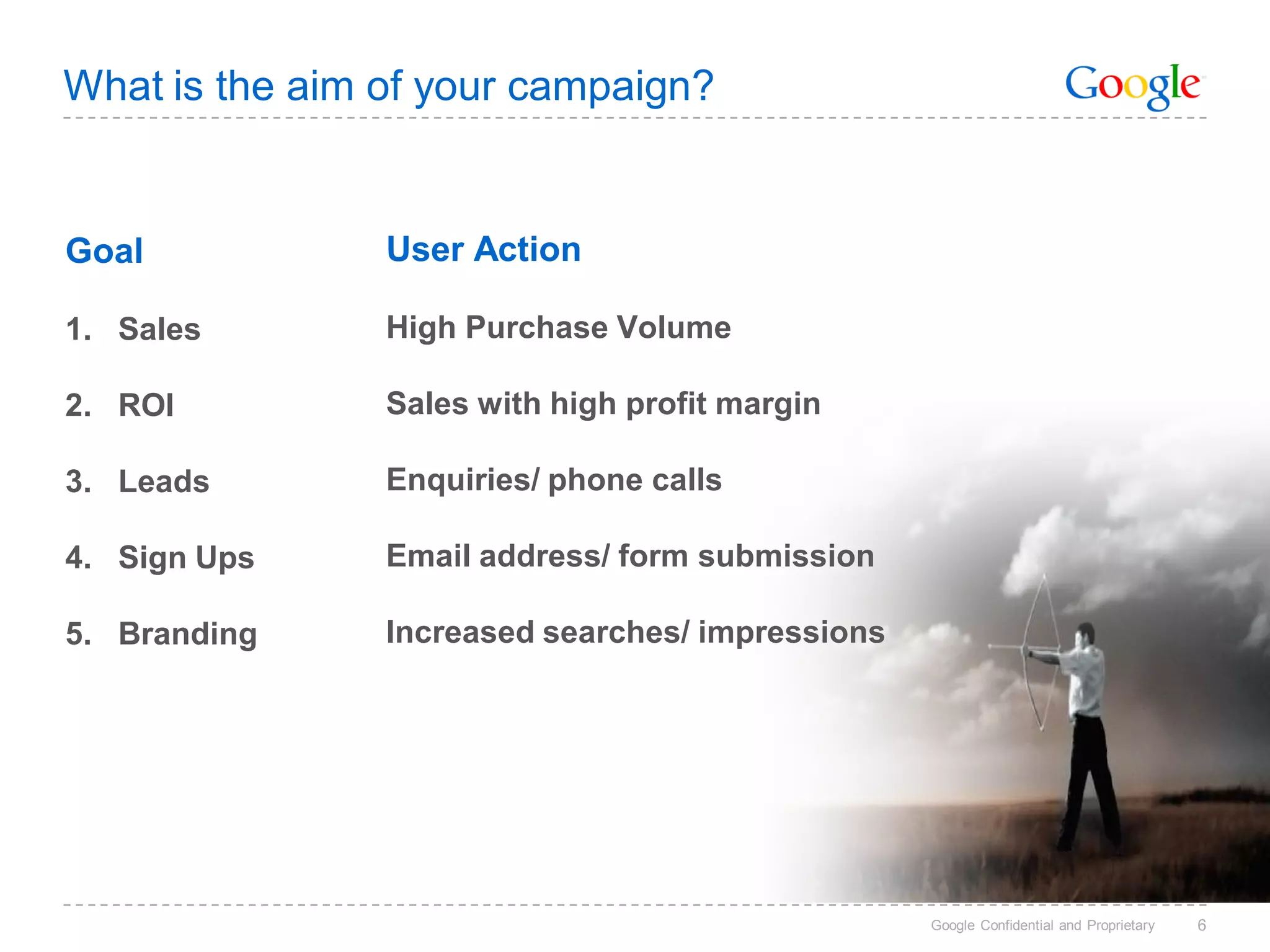 What is the aim of your campaign?


Goal            User Action

1. Sales        High Purchase Volume

2. ROI          Sales with high profit margin

3. Leads        Enquiries/ phone calls

4. Sign Ups     Email address/ form submission

5. Branding     Increased searches/ impressions




                                                  Google Confidential and Proprietary   6
 