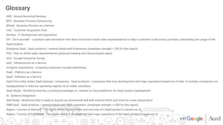 ARR : Annual Recurring Revenue
BPO : Business Process Outsourcing
BPaaS : Business Process as a Service
CAC : Customer Acquisition Cost
DevOps : IT Development and Operations 
DIY : Do-it-yourself – a product sale mechanism that does not involve inside sales representatives to help a customer in discovery, purchase, onboarding and usage of the
SaaS product
Enterprise SaaS : SaaS products / revenue linked with Enterprises (employee strength > 250 for this report)
FOS : Feet on Street sales representatives (physical meeting and closure based sales)
GCS : Google Consumer Survey
IaaS : Infrastructure as a Service
Inorganic acquisitions : Acquiring customers via paid advertising
PaaS : Platform as a Service
SaaS : Software as a Service
SaaS from India, Indian SaaS startups / companies : SaaS products / companies that have development and major operations based out of India. It includes companies not
headquartered in India but operating majorly via an Indian subsidiary
SaaS Ready : Workforce that has a working knowledge of / worked on cloud platforms for SaaS product development
SI : Systems Integrators
Skill Ready : Workforce that is ready to acquire an incremental skill with minimal effort and move to a new role/product
SMB SaaS : SaaS products / revenue linked with SMB customers (employee strength <=250 for this report) 
Region / Country of Demand : The region where the purchaser and end user of a SaaS product is based out of
Region / Country of Fulﬁllment : The region where IT development and major operations of the SaaS service is based out of
Glossary
# 27
 