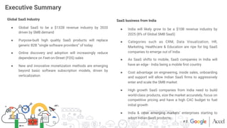 Executive Summary
Global SaaS Industry
●  Global SaaS to be a $132B revenue industry by 2020
driven by SMB demand
●  Purpose-built high quality SaaS products will replace
generic B2B “single software providers” of today
●  Online discovery and adoption will increasingly reduce
dependence on Feet-on-Street (FOS) sales
●  New and innovative monetization methods are emerging
beyond basic software subscription models, driven by
verticalization
SaaS business from India
●  India will likely grow to be a $10B revenue industry by
2025 (8% of Global SMB SaaS)
●  Categories such as CRM, Data Visualization, HR,
Marketing, Healthcare & Education are ripe for big SaaS
companies to emerge out of India
●  As SaaS shifts to mobile, SaaS companies in India will
have an edge - India being a mobile ﬁrst country
●  Cost advantage on engineering, inside sales, onboarding
and support will allow Indian SaaS ﬁrms to aggressively
enter and scale the SMB market
●  High growth SaaS companies from India need to build
world-class products, size the market accurately, focus on
competitive pricing and have a high CAC budget to fuel
initial growth
●  India & other emerging markets’ enterprises starting to
adopt Indian SaaS products
Source: Based on analyses by Zinnov and Accel
# 2
 