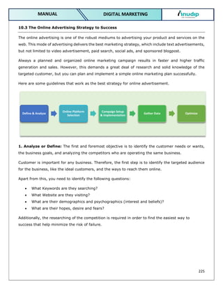 225
DIGITAL MARKETING
MANUAL
10.3 The Online Advertising Strategy to Success
The online advertising is one of the robust mediums to advertising your product and services on the
web. This mode of advertising delivers the best marketing strategy, which include text advertisements,
but not limited to video advertisement, paid search, social ads, and sponsored blogpost.
Always a planned and organized online marketing campaign results in faster and higher traffic
generation and sales. However, this demands a great deal of research and solid knowledge of the
targeted customer, but you can plan and implement a simple online marketing plan successfully.
Here are some guidelines that work as the best strategy for online advertisement.
1. Analyze or Define: The first and foremost objective is to identify the customer needs or wants,
the business goals, and analyzing the competitors who are operating the same business.
Customer is important for any business. Therefore, the first step is to identify the targeted audience
for the business, like the ideal customers, and the ways to reach them online.
Apart from this, you need to identify the following questions:
 What Keywords are they searching?
 What Website are they visiting?
 What are their demographics and psychographics (interest and beliefs)?
 What are their hopes, desire and fears?
Additionally, the researching of the competition is required in order to find the easiest way to
success that help minimize the risk of failure.
Define & Analyze
Online Platform
Selection
Campaign Setup
& Implementation
Gather Data Optimize
 