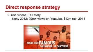 Direct response strategy
2. Use videos. Tell story.
- Kony 2012: 99m+ views on Youtube, $13m rev. 2011
 
