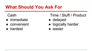 What Should You Ask For
Cash
● immediate
● convenient
● hardest
Time / Stuff / Product
● delayed
● logically harder
● easier
 