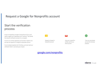 Request a Google for Nonprofits account
google.com/nonprofits
 