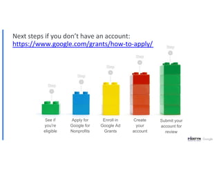 Next steps if you don’t have an account:
https://www.google.com/grants/how-to-apply/
See if
you’re
eligible
Apply for
Google for
Nonprofits
Enroll in
Google Ad
Grants
Create
your
account
Submit your
account for
review
 
