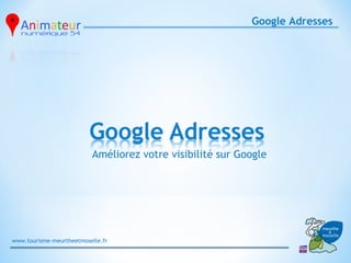 Google Adresses 




                          Améliorez votre visibilité sur Google




www.tourisme-meurtheetmoselle.fr
 