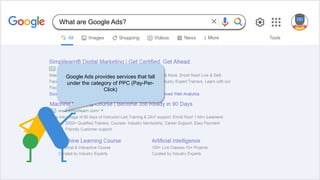 Google Ads provides services that fall
under the category of PPC (Pay-Per-
Click)
What are Google Ads?
 