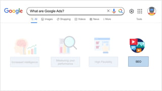 Increased intelligence High Flexibility
Measuring your
performance
SEO
What are Google Ads?
 