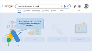 Impressions Cost Clicks Average CPC
The cost refers to the amount of
money you have spent on your
campaign
Important metrics to track
 