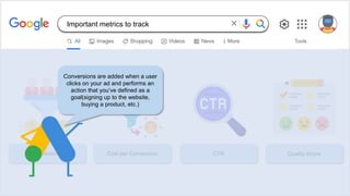 Conversions Cost per Conversion CTR Quality Score
Conversions are added when a user
clicks on your ad and performs an
action that you’ve defined as a
goal(signing up to the website,
buying a product, etc.)
Important metrics to track
 