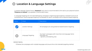 marketingauditor.com
Location & Language Settings
1. Location settings: Checks if set to "Presence" only, which is recommended to limit ads to your physical location.
"Presence or interest" is acceptable if intentionally chosen.
2. Language targeting: For non-search/shopping campaigns, single-language targeting is advised to ensure ad
comprehension. Multi-language targeting is acceptable for search campaigns due to keyword-based targeting.
Status Check Description
Location Settings All campaigns are using presence-based location targeting.
Language Targeting
You have 1 campaigns with more than one language. Some
examples are:
- dynamic_remarketing_new
Action Items
⦿ Review the campaigns with multiple languages and ensure this is the intended targeting method.
 