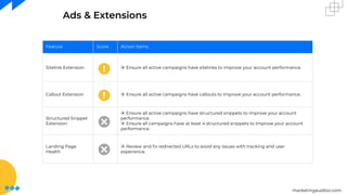 marketingauditor.com
Ads & Extensions
Feature Score Action Items
Sitelink Extension ⦿ Ensure all active campaigns have sitelinks to improve your account performance.
Callout Extension ⦿ Ensure all active campaigns have callouts to improve your account performance.
Structured Snippet
Extension
⦿ Ensure all active campaigns have structured snippets to improve your account
performance.
⦿ Ensure all campaigns have at least 4 structured snippets to improve your account
performance.
Landing Page
Health
⦿ Review and ﬁx redirected URLs to avoid any issues with tracking and user
experience.
 