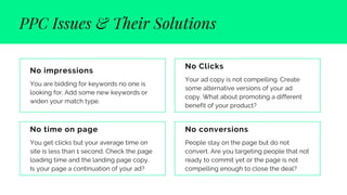 You are bidding for keywords no one is
looking for. Add some new keywords or
widen your match type.
No impressions
You get clicks but your average time on
site is less than 1 second. Check the page
loading time and the landing page copy.
Is your page a continuation of your ad?
No time on page
Your ad copy is not compelling. Create
some alternative versions of your ad
copy. What about promoting a different
benefit of your product?
No Clicks
People stay on the page but do not
convert. Are you targeting people that not
ready to commit yet or the page is not
compelling enough to close the deal?
No conversions
PPC Issues & Their Solutions
 