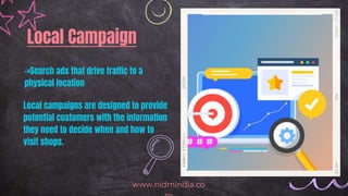 Local Campaign
->Search ads that drive traffic to a
physical location
Local campaigns are designed to provide
potential customers with the information
they need to decide when and how to
visit shops.
www.nidmindia.co
 