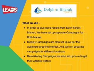 What We did -
● In order to give good results from Each Target
Market, We have set up separate Campaigns for
Both Market.
● Display Campaigns are also set up as per the
audience targeting interest. And We run separate
campaigns for different locations.
● Remarketing Campaigns are also set up to re target
their website visitors.
 