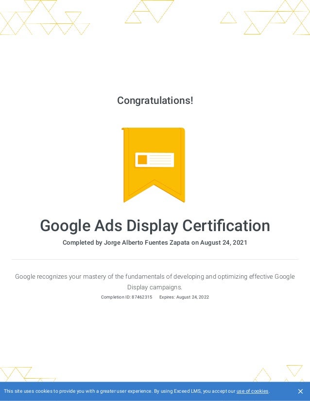 Congratulations!
Google Ads Display Certification
Completed by Jorge Alberto Fuentes Zapata on August 24, 2021
Google recognizes your mastery of the fundamentals of developing and optimizing effective Google
Display campaigns.
Completion ID: 87462315 
Expires: August 24, 2022
This site uses cookies to provide you with a greater user experience. By using Exceed LMS, you accept our use of cookies.
 
