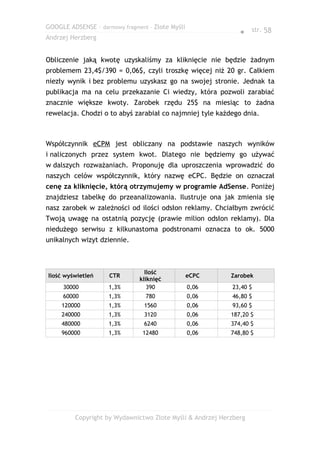 GOOGLE ADSENSE – darmowy fragment – Złote Myśli
                                                              ● str. 58
Andrzej Herzberg


Obliczenie jaką kwotę uzyskaliśmy za kliknięcie nie będzie żadnym
problemem 23,4$/390 = 0,06$, czyli troszkę więcej niż 20 gr. Całkiem
niezły wynik i bez problemu uzyskasz go na swojej stronie. Jednak ta
publikacja ma na celu przekazanie Ci wiedzy, która pozwoli zarabiać
znacznie większe kwoty. Zarobek rzędu 25$ na miesiąc to żadna
rewelacja. Chodzi o to abyś zarabiał co najmniej tyle każdego dnia.



Współczynnik eCPM jest obliczany na podstawie naszych wyników
i naliczonych przez system kwot. Dlatego nie będziemy go używać
w dalszych rozważaniach. Proponuję dla uproszczenia wprowadzić do
naszych celów współczynnik, który nazwę eCPC. Będzie on oznaczał
cenę za kliknięcie, którą otrzymujemy w programie AdSense. Poniżej
znajdziesz tabelkę do przeanalizowania. Ilustruje ona jak zmienia się
nasz zarobek w zależności od ilości odsłon reklamy. Chciałbym zwrócić
Twoją uwagę na ostatnią pozycję (prawie milion odsłon reklamy). Dla
niedużego serwisu z kilkunastoma podstronami oznacza to ok. 5000
unikalnych wizyt dziennie.



                                 Ilość
Ilość wyświetleń     CTR                          eCPC     Zarobek
                               kliknięć
     30000           1,3%         390             0,06     23,40 $
     60000           1,3%        780              0,06     46,80 $
     120000          1,3%        1560             0,06     93,60 $
     240000          1,3%        3120             0,06     187,20 $
     480000          1,3%        6240             0,06     374,40 $
     960000          1,3%       12480             0,06     748,80 $




         Copyright by Wydawnictwo Złote Myśli & Andrzej Herzberg
 