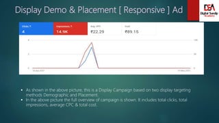 Display Demo & Placement [ Responsive ] Ad
 As shown in the above picture, this is a Display Campaign based on two display targeting
methods Demographic and Placement.
 In the above picture the full overview of campaign is shown. It includes total clicks, total
impressions, average CPC & total cost.
 