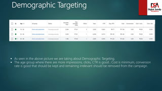 Demographic Targeting
 As seen in the above picture we are taking about Demographic Targeting.
 The age group where there are more impressions, clicks, CTR is good , Cost is minimum, conversion
rate is good that should be kept and remaining irrelevant should be removed from the campaign.
 