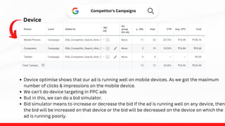 Device
Competitor's Campaigns
Device optimise shows that our ad is running well on mobile devices. As we got the maximum
number of clicks & impressions on the mobile device.
We can't do device targeting in PPC ads
But in this, we can do a bid simulator.
Bid simulator means to increase or decrease the bid If the ad is running well on any device, then
the bid will be increased on that device or the bid will be decreased on the device on which the
ad is running poorly.
 