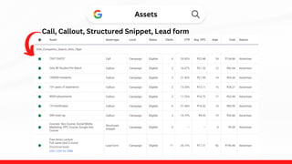 Assets
Call, Callout, Structured Snippet, Lead form
 