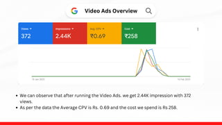 Video Ads Overview
We can observe that after running the Video Ads. we get 2.44K impression with 372
views.
As per the data the Average CPV is Rs. 0.69 and the cost we spend is Rs 258.
 