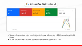 We can observe that after running the Universal Ads. we get 1.49K impression with 41
views.
As per the data the CPI is Rs. 23.23 and the cost we spend is Rs 139.
Universal App Ads Overview
 
