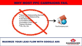 12
• Basement Waterproofing Services
• Crawl Space Waterproofing
• Wet Basement
• Foundation Repair
•Foundation Crack Repair
•Egress Windows
• Etc, Etc, Etc YourCompany.com
MAXIMIZE YOUR LEAD FLOW WITH GOOGLE ADS
WHY MOST PPC CAMPAIGNS FAIL
 