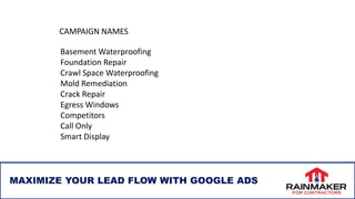 MAXIMIZE YOUR LEAD FLOW WITH GOOGLE ADS
CAMPAIGN NAMES
Basement Waterproofing
Foundation Repair
Crawl Space Waterproofing
Mold Remediation
Crack Repair
Egress Windows
Competitors
Call Only
Smart Display
 