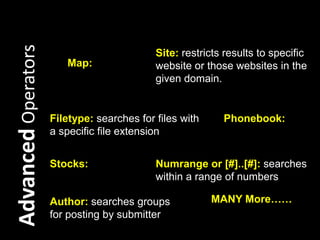 Info:<website> information Google has about pageCache:<website>versionGoogle has in its cacheLinked:<website>Pages that have links to the siteSITE:<website>pages from the specified siteSimilar:<website>pages that are related to a pageAdvanced Operators