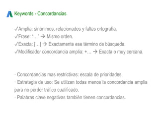 Keywords - Concordancias
✓Amplia: sinónimos, relacionados y faltas ortografía.
✓Frase: “…”  Mismo orden.
✓Exacta: […]  Exactamente ese término de búsqueda.
✓Modificador concordancia amplia: +…  Exacta o muy cercana.
· Concordancias mas restrictivas: escala de prioridades.
· Estrategia de uso: Se utilizan todas menos la concordancia amplia
para no perder tráfico cualificado.
· Palabras clave negativas también tienen concordancias.
 