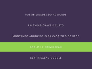 POS S IBILIDADES DO ADWORDS
PALAV RAS -CHAV E E CUSTO
MON TAN DO AN ÚN CIOS PARA CADA T IPO DE RE DE
AN ALIS E E OT IMIZAÇÃO
CE RT IFICAÇÃO GOOGLE
 