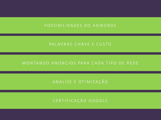 POS S IBILIDADES DO ADWORDS
PALAV RAS -CHAV E E CUSTO
MON TAN DO AN ÚN CIOS PARA CADA T IPO DE RE DE
AN ALIS E E OT IMIZAÇÃO
CE RT IFICAÇÃO GOOGLE
 