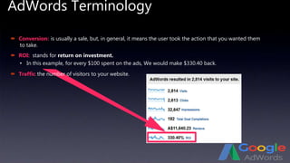 AdWords Terminology
 Conversion:
 ROI:
 Traffic:
• In this example, for every $100 spent on the ads, We would make $330.40 back.
is usually a sale, but, in general, it means the user took the action that you wanted them
to take.
stands for return on investment.
the number of visitors to your website.
 